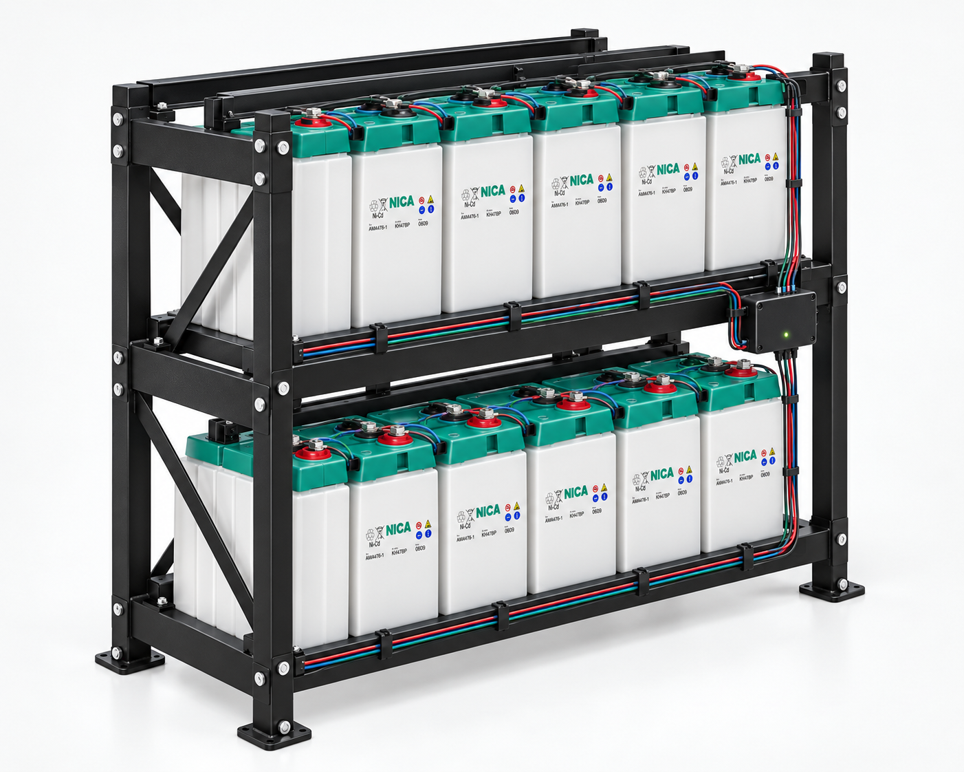 Avatec NICA battery rack with battery monitoring hub and sensor connections