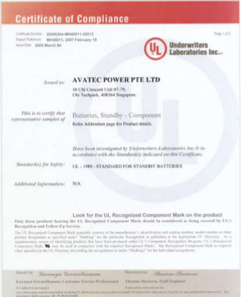 Underwriters Laboratories certificate