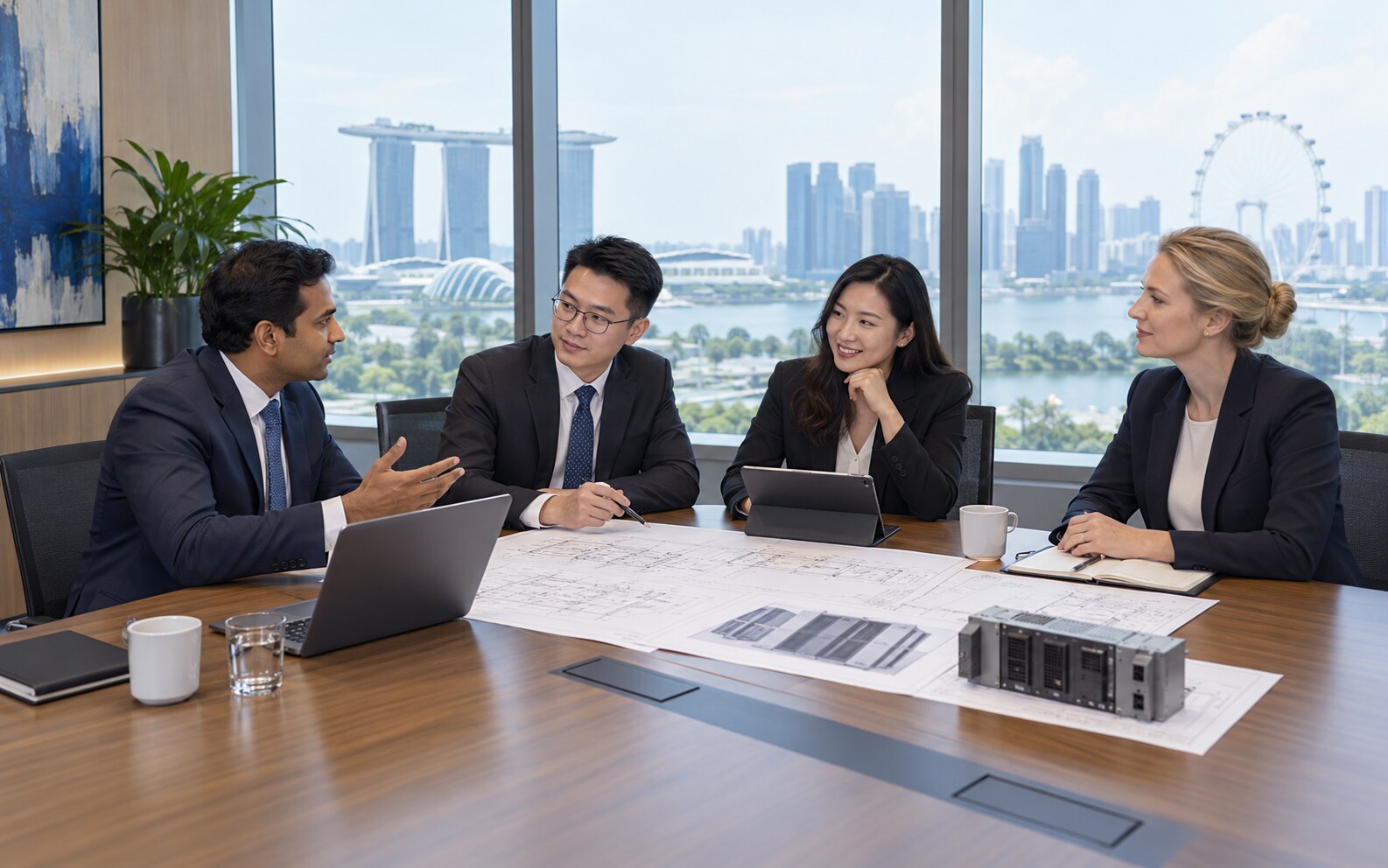 Indian, Singaporean and European professionals reviewing an Avatec critical-power project
