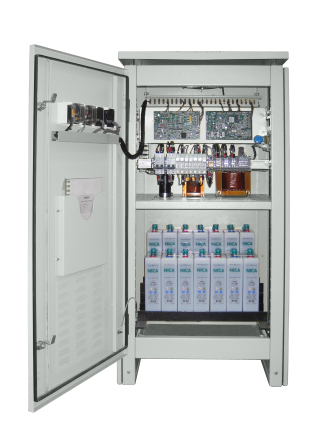 Batteries installed inside a customised electrical enclosure with an open door
