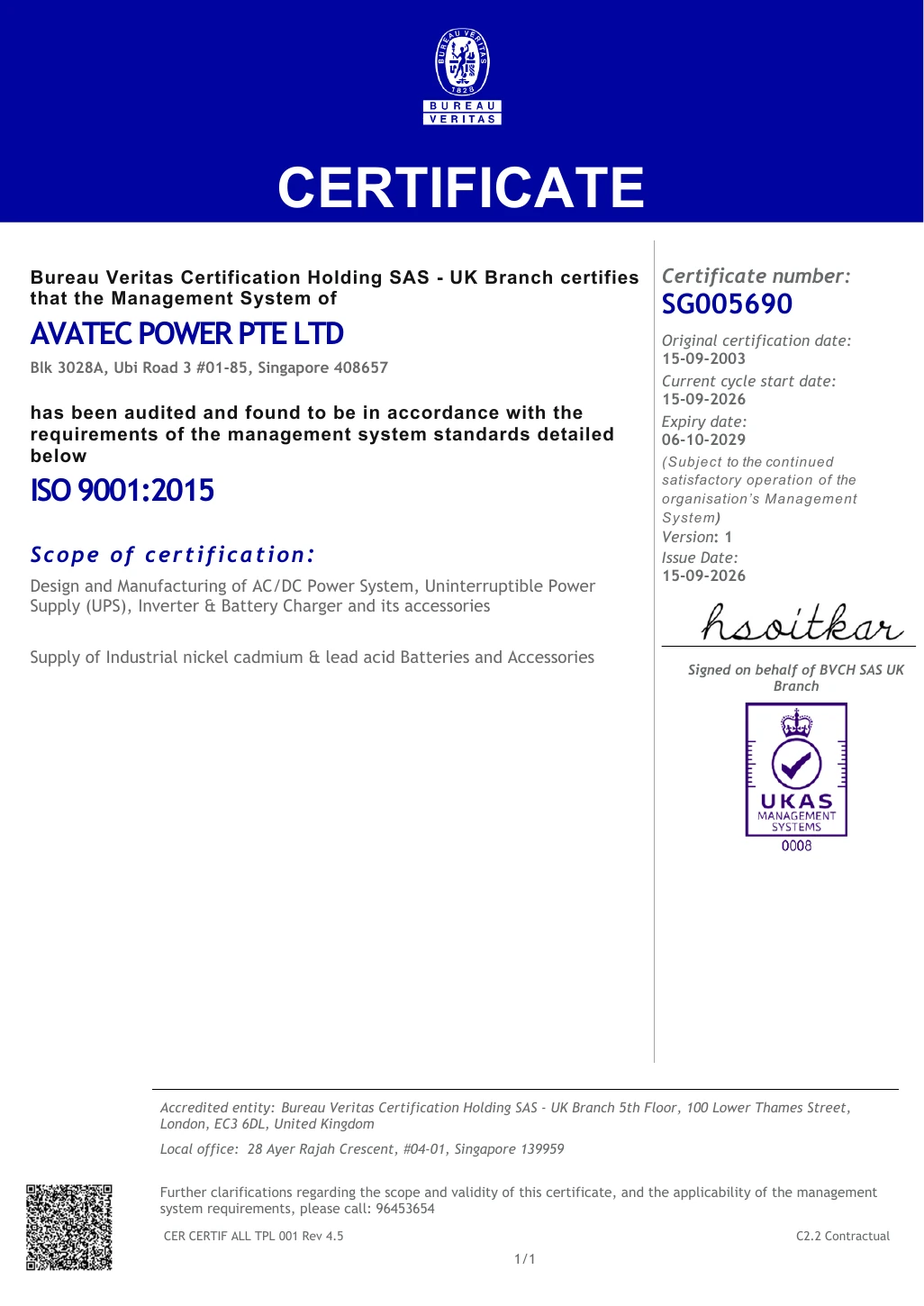 ISO 9001 : 2015 certificate