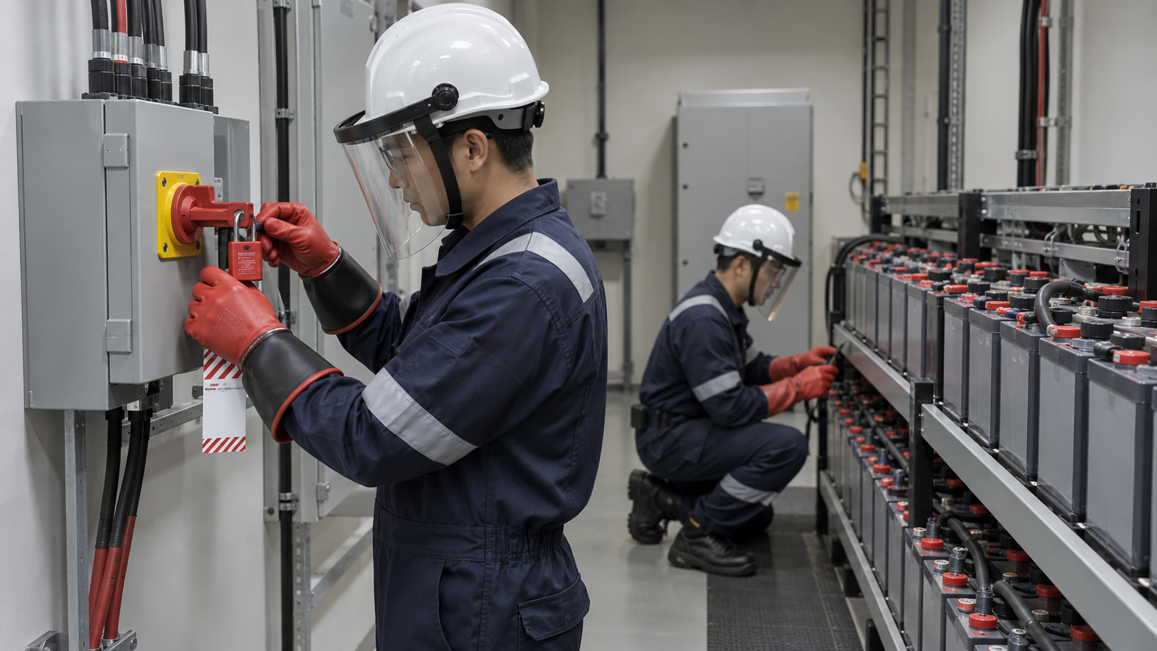 Singapore technicians isolating an industrial battery system before removal