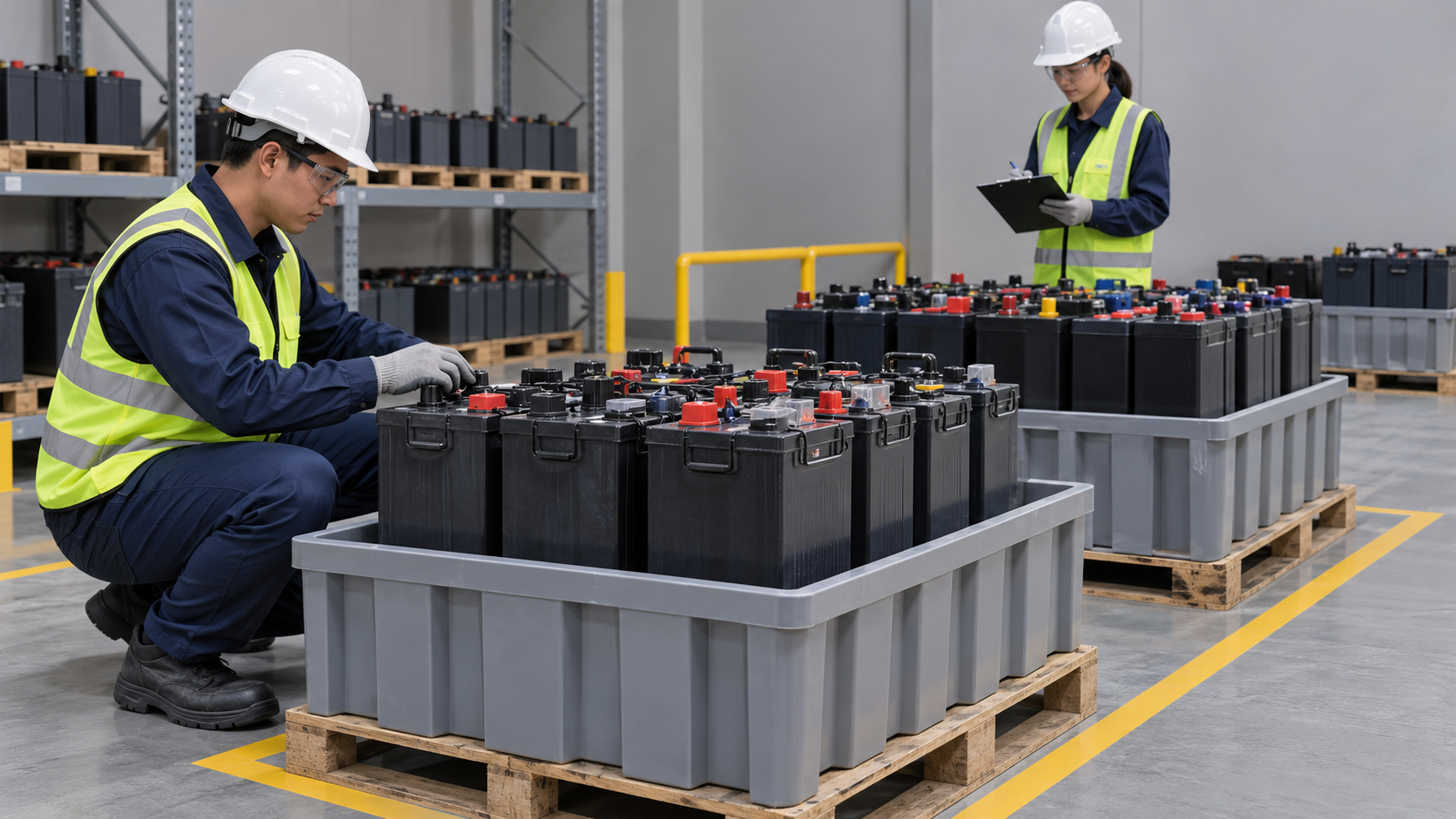 Asian technicians checking segregated batteries in a clean holding area