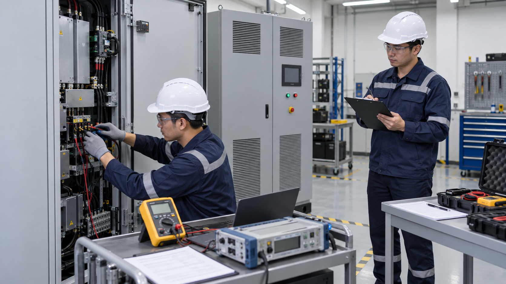 Engineers carrying out compliance testing with calibrated instruments