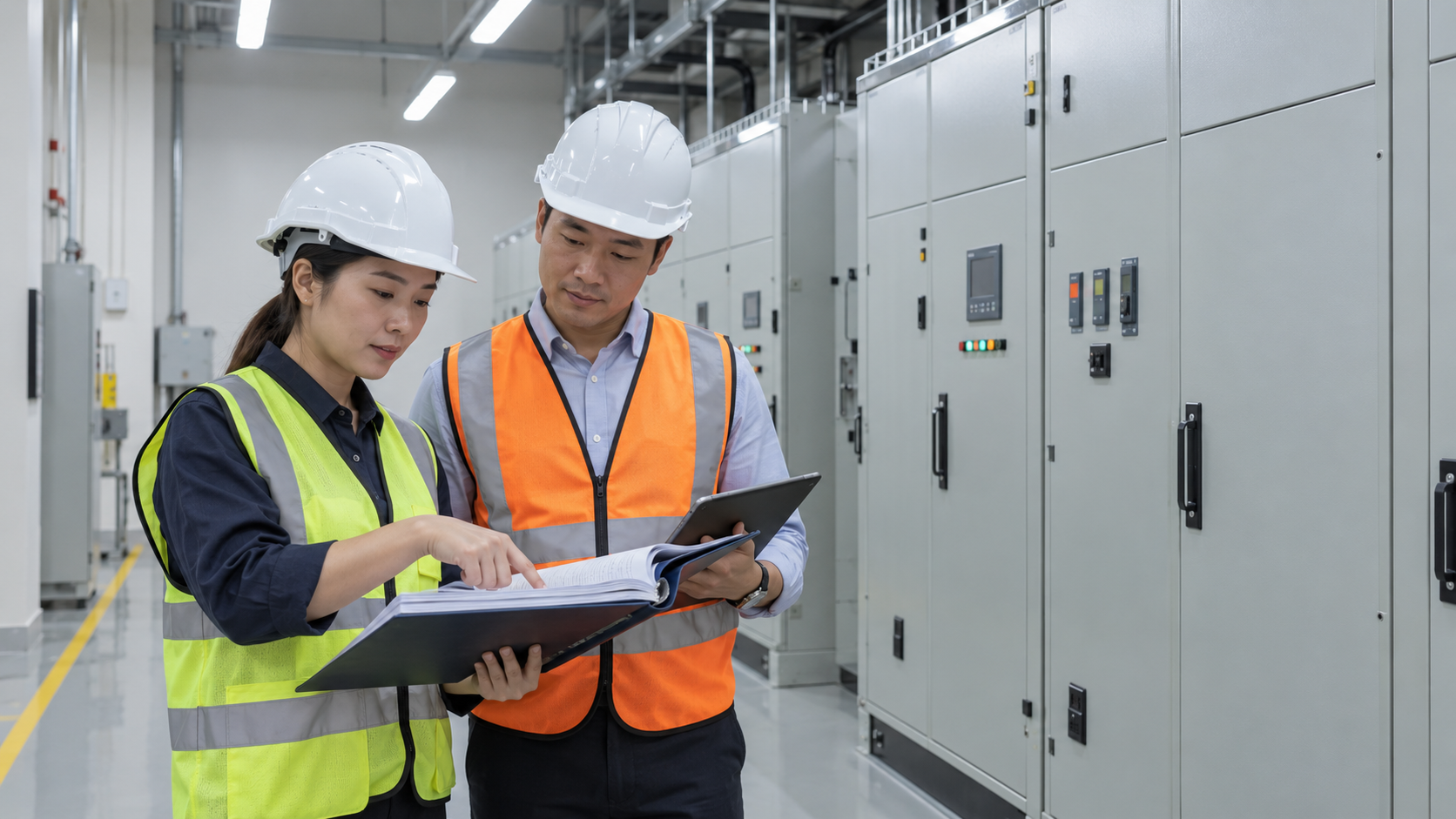 Quality engineer and customer reviewing compliance handover records