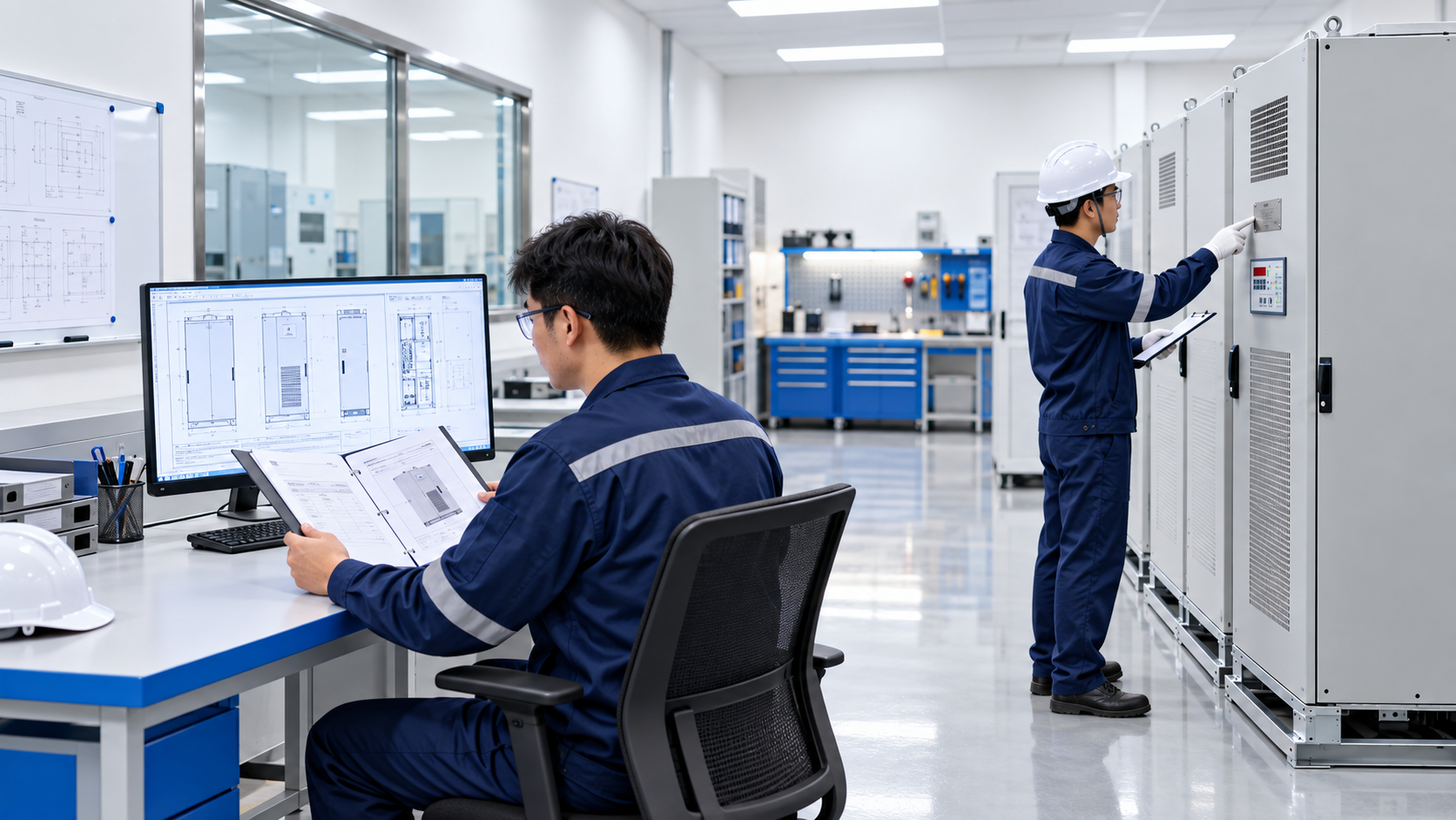 Engineers verifying UPS construction against approved compliance documents