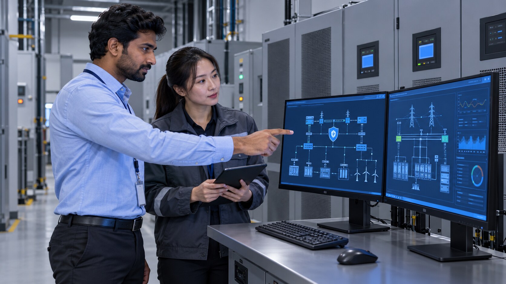 Indian and Singaporean engineers reviewing secure OT architecture for critical power systems