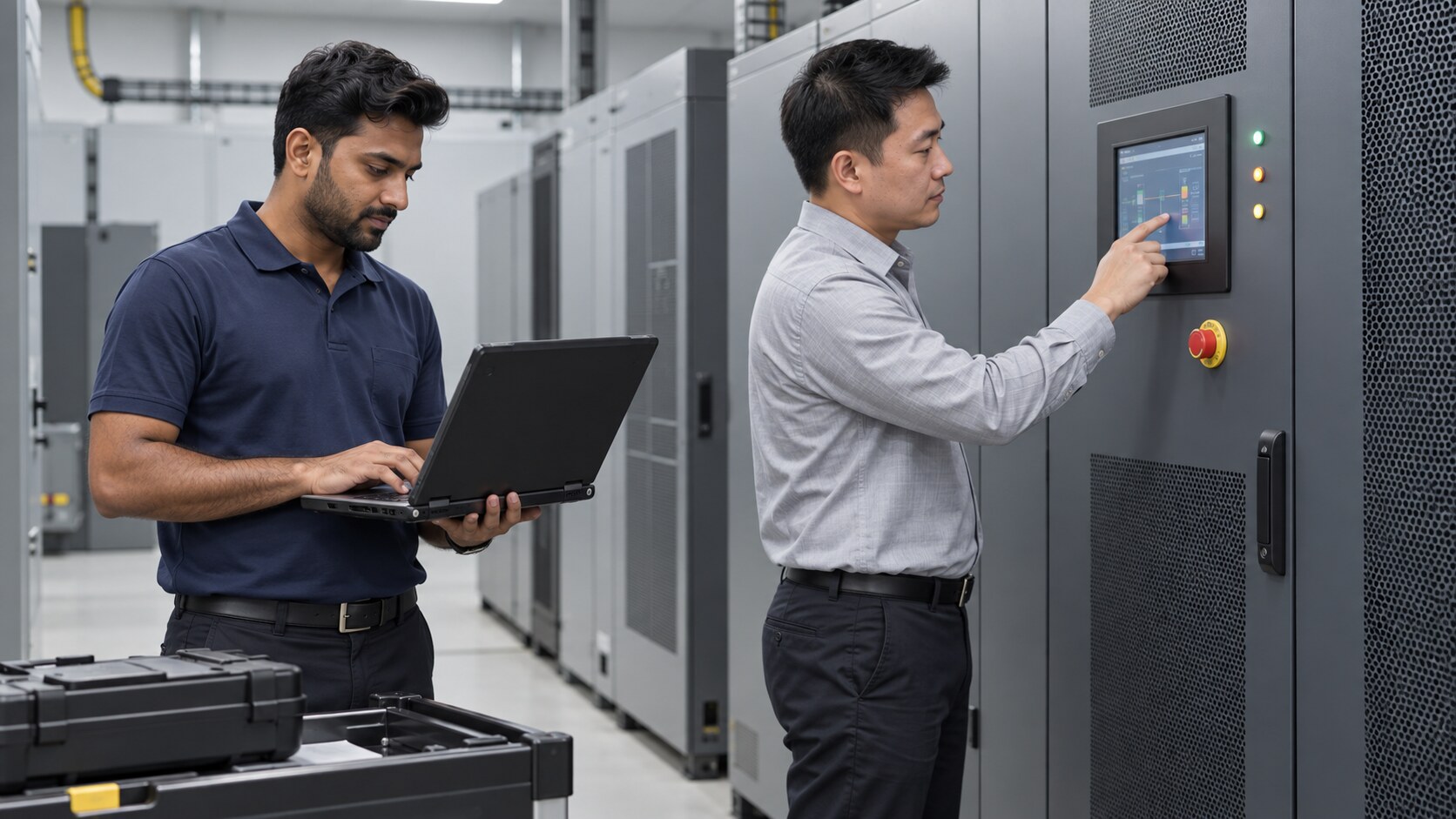 Indian and Singaporean engineers performing controlled cybersecurity maintenance on an industrial UPS