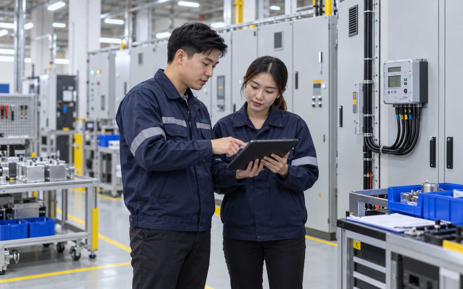 Singapore engineers reviewing energy and material use in a clean production facility