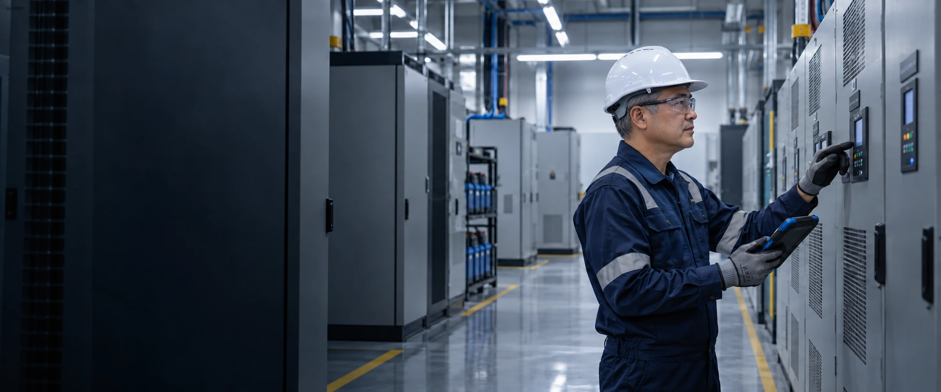Engineer carrying out a safe inspection of industrial power cabinets