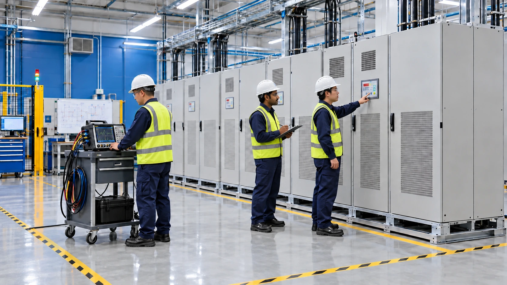 Engineers standing in front of industrial UPS cabinets during factory acceptance testing