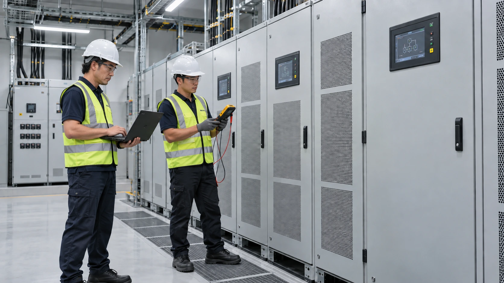 Avatec field engineers testing an installed industrial UPS system at site