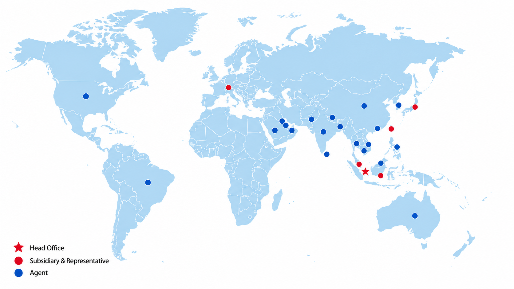 Avatec Power worldwide sales network map showing head office, subsidiaries, representatives and agents