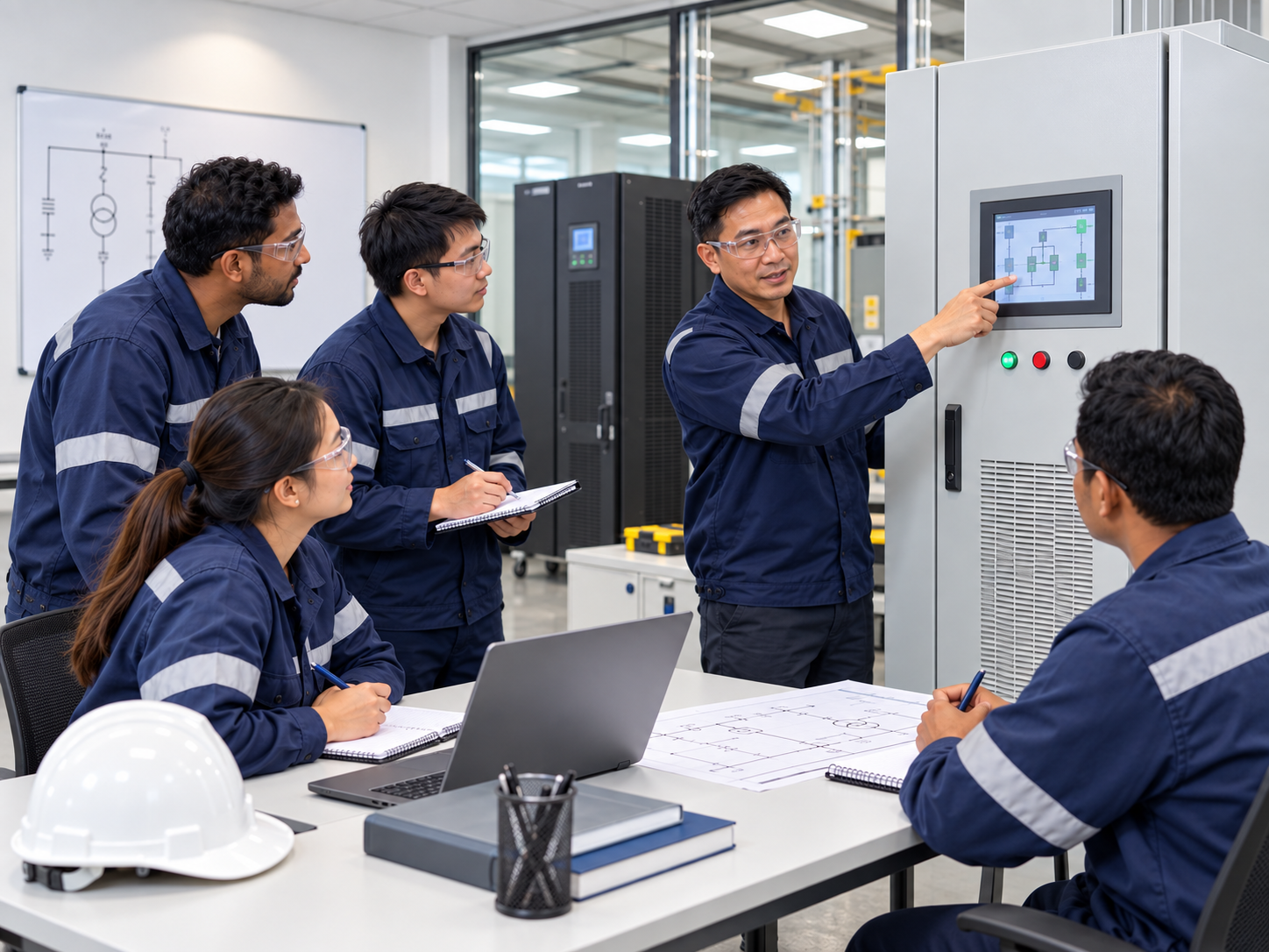 Avatec engineer conducting industrial power-system training with every participant fully visible